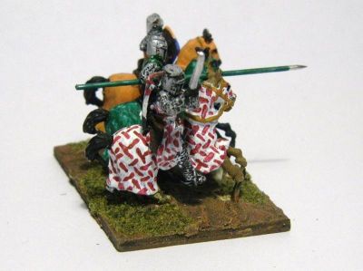 1200-1400 period Knights 
From the [url=http://www.vexillia.ltd.uk/mirliton/shop15_commune.html] Mirliton Italian Commune Wars[/url] range, but suitable for many other nations. Rather ambitious (but not that hard) paint scheme on the one at the front.
Keywords: barded CommunalItalian commune