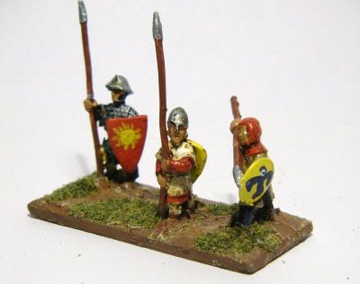 Catalan Almughavars 
Alain Touller Spearmen and Almughavars painted as armoured Catalans, some with FCB shields for added Catalan authenticity. Almughavar figure nearest camera
Keywords: Catalan medfoot
