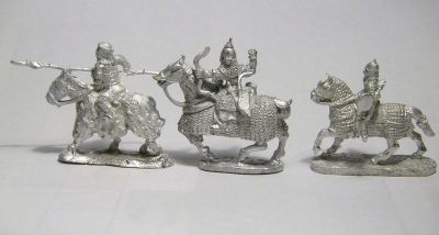 Arab Ghilman Cavalry Compared
Ghilman cavalry from 3 manufacturers. Right - Khurasan Miniatures figure code KM1 (comes with separate arm not yet attached), Left - Outpost code C11 (one piece casting with lance, comes with separate bowcase and shield, not attached), Center - Museum Miniatures code PR05 (one piece casting with bow)
Keywords: arab seljuk abbasid ayyubid mamluk