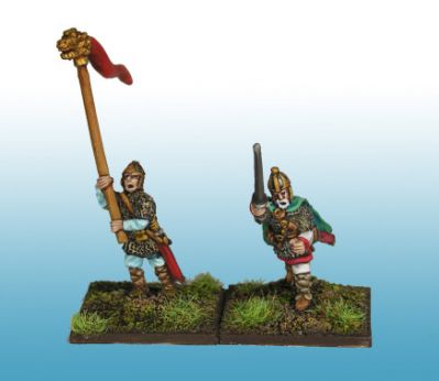 Germans - KM-1602 Later German infantry chieftain and standard bearer (x2)
From [url=http://khurasanminiatures.tripod.com/latergerman.html]Khurasan[/url] and painted by [url=http://www.coolminiornot.com/artist/yaro]Chris Yaro[/url]
Keywords: EGERMAN lgoths bulgar gothfoot gothcav