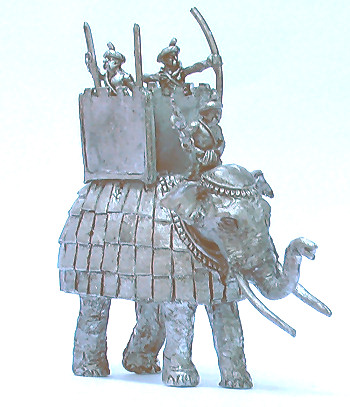 KM-1109 Indian elephant, rectangular iron bard with crenellated tower, bow and javelin crew
Graeco bactrians from [url=http://khurasanminiatures.tripod.com/kushan.html]Khurasan[/url], painted by [url=http://www.ravenpainting.co.uk/]Raven painting[/url] 
Keywords: GRAECO ghaznavid
