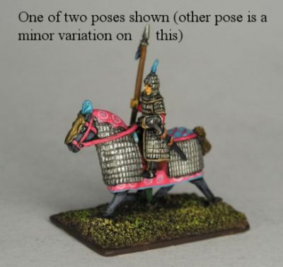 Tang Chinese Cataphracts
T'ang "cataphracts," heavily armoured horsemen with spear only on armoured horses (x 4) from [url=http://khurasanminiatures.tripod.com/tang-chinese.html]Khurasan Miniatures[/url], pictures supplied by the manufacturer
Keywords: Tang tibetan