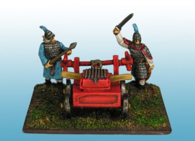 Tang Chinese Artillery 
Tang from [url=http://khurasanminiatures.tripod.com/tang-chinese.html]Khurasan Miniatures[/url], pictures supplied by the manufacturer T'ang wheeled multi-arrow giant crossbow ("artillery"), officer and loader
Keywords: Tang