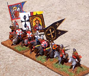 Thematic Generals
Thematic Cavalry Generalsy from the website of [url=http://expendablecic.tripod.com/thematic/index.htm]expendableCinC[/url]. The Generals are 50 Paces troops which are a little early for Thematics but mixed in ok fine. Seen here are also a single element of donkey boys - mounted fire siphoners. (an irregular miniatures conversion)

Keywords: Thematic