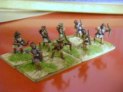 Cretan Archers
Xyston Cretan archers. They may well be their "standard" greek archer, as bizzarrely their catalogue shows the Cretan without a hat. But everyone knows Cretans have hats... They are a reasonable size for Xyston
Keywords: hskirmisher