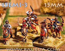 Emeshi mounted warriors
From [url=http://www.baueda.com]Baueda[/url] - pictures used with kind permission of the manufacturer. The bottom half of the rider is cast in one piece with the horse, while the top half is a separate piece, which is fixed in place by a peg that fits in a corresponding hole on the mount
Keywords: Emeshi
