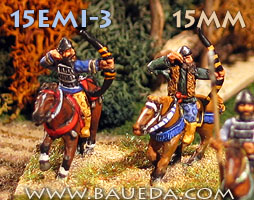 Emeshi mounted warriors
From [url=http://www.baueda.com]Baueda[/url] - pictures used with kind permission of the manufacturer. The bottom half of the rider is cast in one piece with the horse, while the top half is a separate piece, which is fixed in place by a peg that fits in a corresponding hole on the mount
Keywords: Emeshi