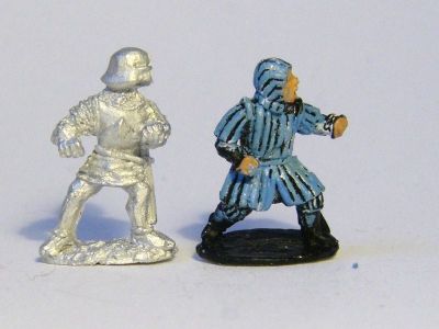 Swiss infantry and Italian Foot Size Comparison
New casting from [url=http://www.donnington-mins.co.uk/]Donnington[/url], to be released at Salue 2009. These have a different sculptor to the "old" Donnington figures and will be sold under a different brand. The part-painted chap is from Mirlitons Italian Wars ranges
Keywords: Swiss medspear condotta