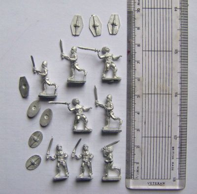Unclothed  Gallic Warriors from Fantassin
Shots of new Gallic range (pack code AGL-03) from Fantassin / [url=http://www.warmodelling.com]Warmodelling.com[/url] shown next to a ruler to show figure size. The limed hair dows tend to make them look talle, but they are still not short!
Keywords: Gallic Galatian