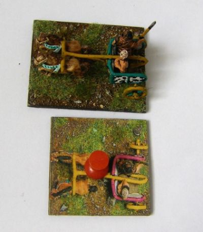 Mycenean chariot and 40x40 printed substitute marker
The Museum chariot is too long to fit on a 40x40 DBx base, so I created there drop-in markers with a 'squashed' photo of the chariot if they are ever needed to show what the prioer base size should be. 
