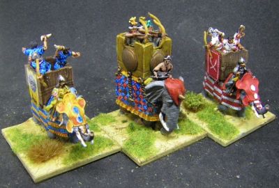 Armoured Elephants 
Three armoured elephants, the red/white one has barding in normal paints whilst the other two use mostly Contrast paints
Keywords: Ilkhanid, Indian, Mongol