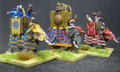 Armoured Elephants 
Three armoured elephants, the red/white one has barding in normal paints whilst the other two use mostly Contrast paints
Keywords: Ilkhanid, Indian, Mongol