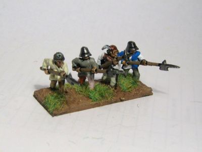 Swiss / Generic halberdiers
Infantry from Roundway Miniatures Swiss range. Nice clearly cast figures which are simple, but paint up quickly and quite nicely
Keywords: Swiss medgerman Medfoot