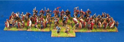 Romano British Army
Painted by Bob in Edmonton [url=http://web.mac.com/bob.barnetson/iWeb/EWG/Welcome.html]His blog with more great painting is here[/url]. Bob says"I decided to go with a common shield pattern and red cloak colour. I thought this reflected the remnants of Roman organization.."
Keywords: LIR romano PRB