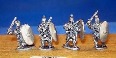 Romano-British armoured swordsmen with crests
Romano-British from [url=http://www.splinteredlightminis.com]Splintered Light[/url]. Photos with kind permission of the manufacturer. 
Keywords: Romano LIR
