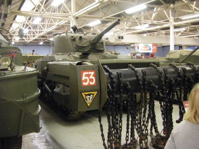 Sherman Crab flail tank
Sherman Crabs are displayed at the CFB Borden Military Museum, Ontario, Canada; the Yad La-Shiryon museum in Israel, the Overloon War Museum in the Netherlands; the Bovington Tank Museum in England and in India, at the Armoured Corps Museum in Ahmednagar Fort, Ahmednagar.
