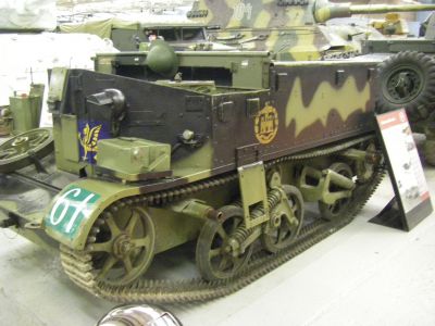 Bren Carrier
The Universal Carrier, also known (incorrectly) as the Bren Gun Carrier is a common name describing a family of light armoured tracked vehicles built by Vickers-Armstrong. Produced between 1934 and 1960, the vehicle was used widely by British Commonwealth forces during the Second World War. Universal Carriers were usually used for transporting personnel and equipment, mostly support weapons, or as machine gun platforms. With some 113,000 built in the United Kingdom and abroad, it was the most produced armoured fighting vehicle in history.
