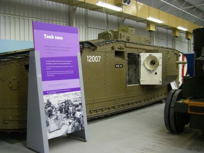WW1 British tanks
The Mark I entered service in August 1916, and was first used in action on the morning of 15 September 1916 during the Battle of Flers-Courcelette, part of the Somme Offensive. With the exception of the few interim Mark II and Mark III tanks, it was followed by the largely similar Mark IV, which first saw combat in June 1917. The Mark IV was used en masse at the Battle of Cambrai in November 1917 The Mark V, with its much improved transmission, entered service in mid-1918.

