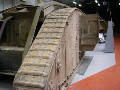 WW1 British tanks
The first tanks were known as the Mark I after the subsequent designs were introduced. Mark Is armed with two 6 pounder guns and three 8 mm Hotchkiss machine guns were called "Male" tanks, and those with four Vickers machine guns and one Hotchkiss, were called "Female". Swinton is credited with inventing the terms. To aid steering, a pair of large wheels were added behind the tank. These were not as effective as hoped and were subsequently dropped.

