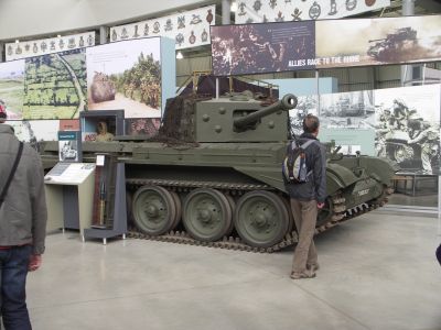 Cromwell
The Cromwell first saw action in the Battle of Normandy in June 1944. The tank equipped the armoured reconnaissance regiments, of the Royal Armoured Corps, within the 7th, 11th, and Guards Armoured Divisions. While the armoured regiments of the latter two divisions were equipped with M4 Shermans, the armoured regiments of the 7th Armoured Division were fully equipped with Cromwell tanks. 
