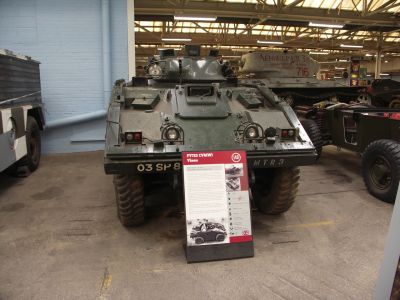Vixen Armoured Car
The FV721 Fox Combat Vehicle Reconnaissance (Wheeled) (CVR(W)) was a 4x4 armoured car deployed by the British Army as a replacement for the Ferret scout car and the Saladin Armoured Car. The Fox was introduced into service in May 1973 and withdrawn in 1993/4. FV722 Vixen - Un-turreted version, was planned and trialled but never entered production. An example of the Vixen is held at the Bovington museum. Hull #2 is in restored & running condition in Australia.

