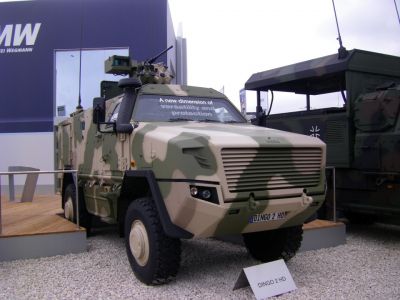 KMW Dingo MRAP-type vehicle
The ATF Dingo is a German heavily armored military infantry mobility vehicle based on a Unimog chassis with a V-hull design, produced by the company Krauss-Maffei Wegmann (KMW). It is designed to withstand land mines, rifle fire, artillery fragments and NBC-threats. ATF stands for Allschutz-Transport-Fahrzeug, meaning all-protected transport vehicle in German. It is named after the Australian native dog dingo
