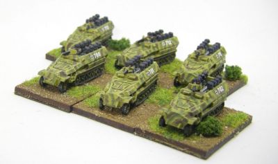 Red 3 Sdkfz Hanomags with crew
Thew crew come as 2 strips of seated men and a separate gunner with gun and mantlet cast as a single piece 
