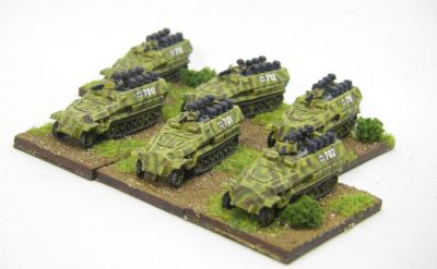 Red 3 Sdkfz Hanomags with crew
Thew crew come as 2 strips of seated men and a separate gunner with gun and mantlet cast as a single piece 
