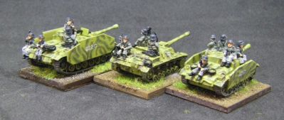 Stugs
The larger one is the new multi-part Arrowhead kit. The smaller one is an older, single piece but now discontinued version. The one without schurzen is from Pendraken.  Tank riders are Arrowhead
Keywords: Compare