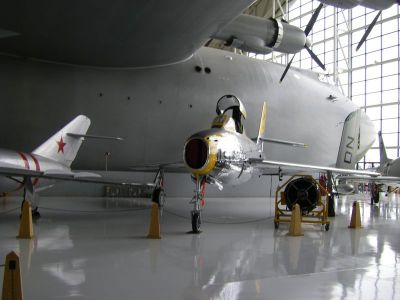 Spruce Goose and F84 
Taken at Evergreen Aerospace Museum, McMinnville, Oregon. With Mig 17 next to it. 
