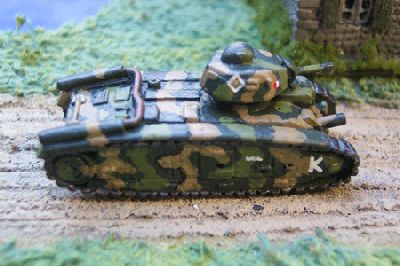 French Char 1 Bis
From [url=http://www.pithead-miniatures.tk/]Pithead Miniatures[/url] The Char B 1 was designed as the French armies breakthrough tank . Armed with a 47mm anti tank gun in the turret, a 75mm howitzer in the hull and with 40mm thick armour it was in its day a formidable opponent superior to all German designs . At the battle of Stonne a single Char B attacked and destroyed thirteen German tanks and returned safely despite being hit 140 times. However , despite its superior qualities, the vast majority of Char B1 combat losses were inflicted by German artillery and anti-tank guns. Char B 1’s were used to equip all French armored divisions (DCR) and several independent reserve companies. 
Keywords:  French