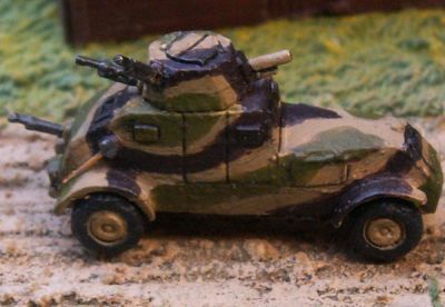 Polish Wz 29 armoured car 
From [url=http://www.pithead-miniatures.tk/] Pithead Miniatures[/url], This large 4 wheeled armoured car had limited cross country capability based as it was on an Ursus truck chassis. The vehicle was armed with a 37mm SA-18 Puteaux L/21 gun cannon and no less than three 7.92mm wz.25 machine guns (one for AA defence). Eight Wz29 armoured cars equipped the Mazowska cavalry brigade attached to the 11th infantry Division. 
Keywords:  Polish