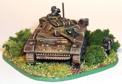 Armoured Forward Artillery Observer - side
A Panzerbeobachtungswagen (armoured artillery observer) using a converted Panzer III N, with the main gun replaced with a wooden dummy one, and extra radios added. The two figures are Pendraken.
Keywords: German PzBeobWagen PzIII Panzer III 